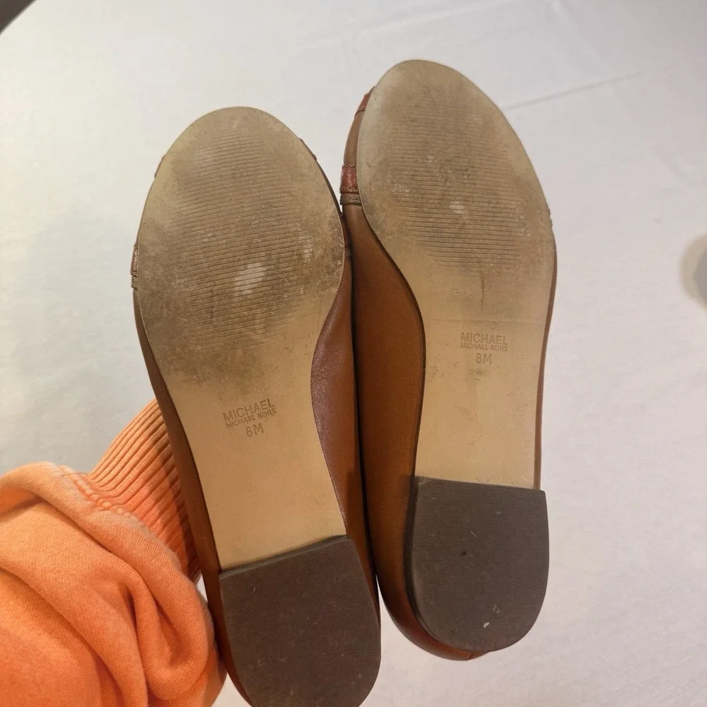 Michael Kors Open-Toe Ballerina Flat 8M Leather Quiet Luxury Preppy Office Brown